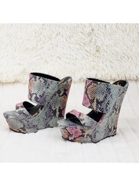 Wide Strap Slip On Multicolor Snake Print 6" Wedge Heel Shoe Platform Sandals